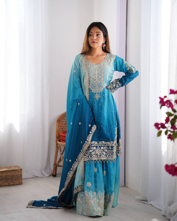 Sky Blue Color Chinon Silk And Coding Dori With Sequence With Rivet Moti Beautiful Sharara Suit