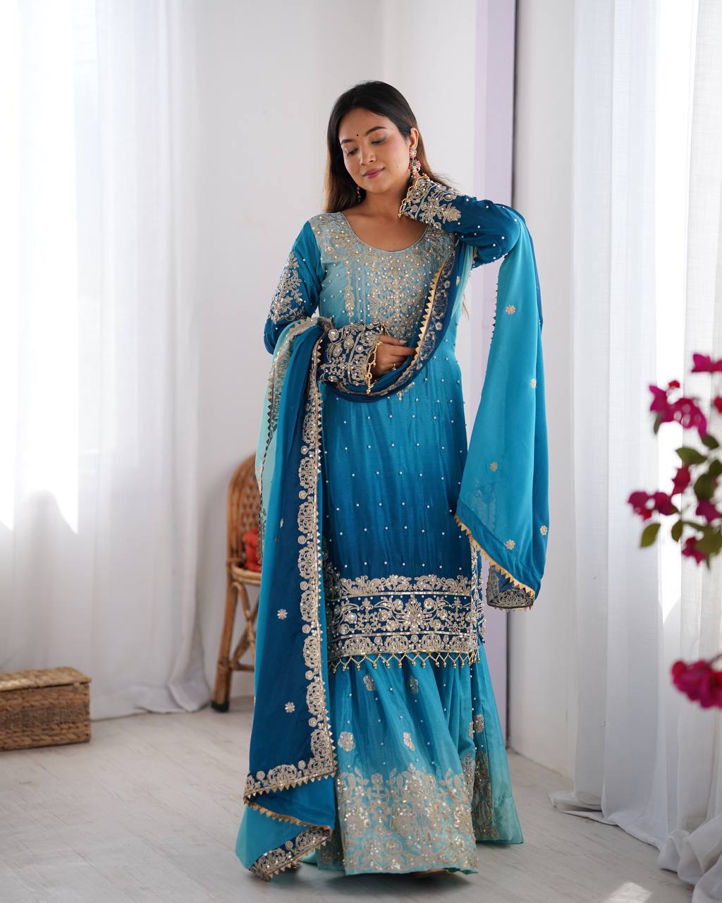 Sky Blue Color Chinon Silk And Coding Dori With Sequence With Rivet Moti Beautiful Sharara Suit