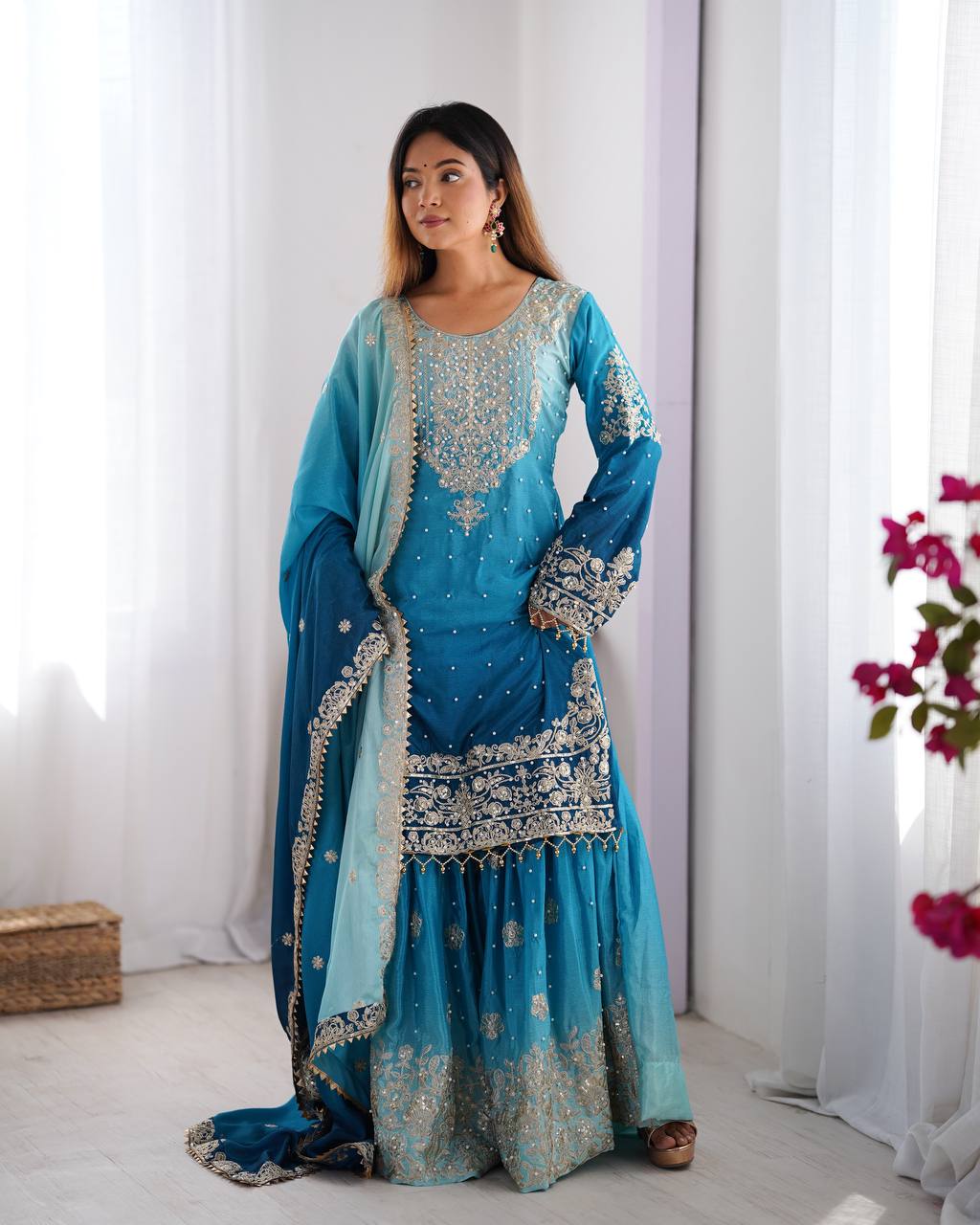 Sky Blue Color Chinon Silk And Coding Dori With Sequence With Rivet Moti Beautiful Sharara Suit