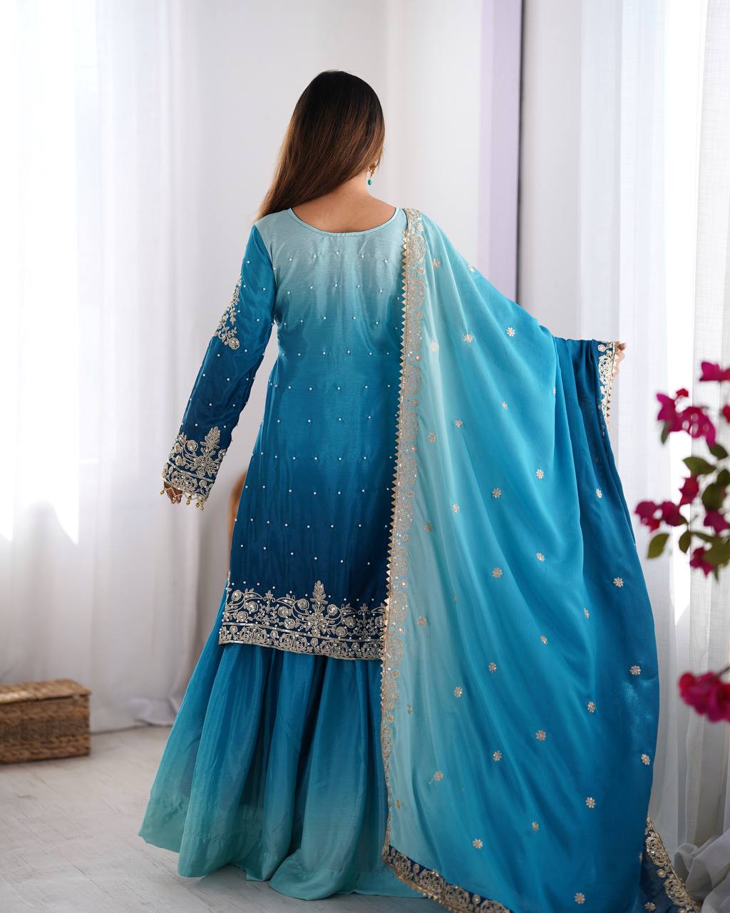 Sky Blue Color Chinon Silk And Coding Dori With Sequence With Rivet Moti Beautiful Sharara Suit