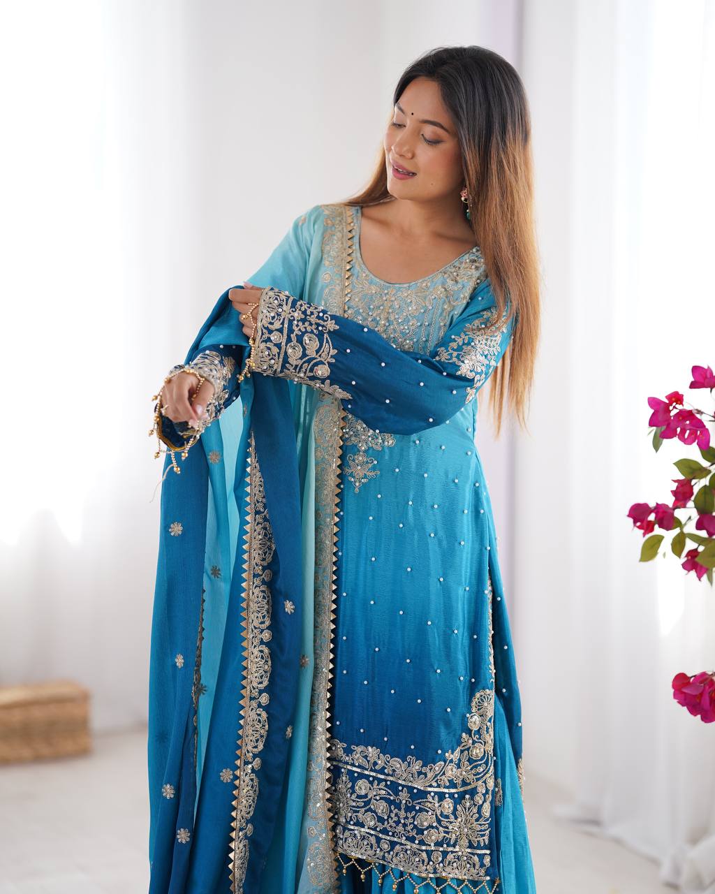 Sky Blue Color Chinon Silk And Coding Dori With Sequence With Rivet Moti Beautiful Sharara Suit