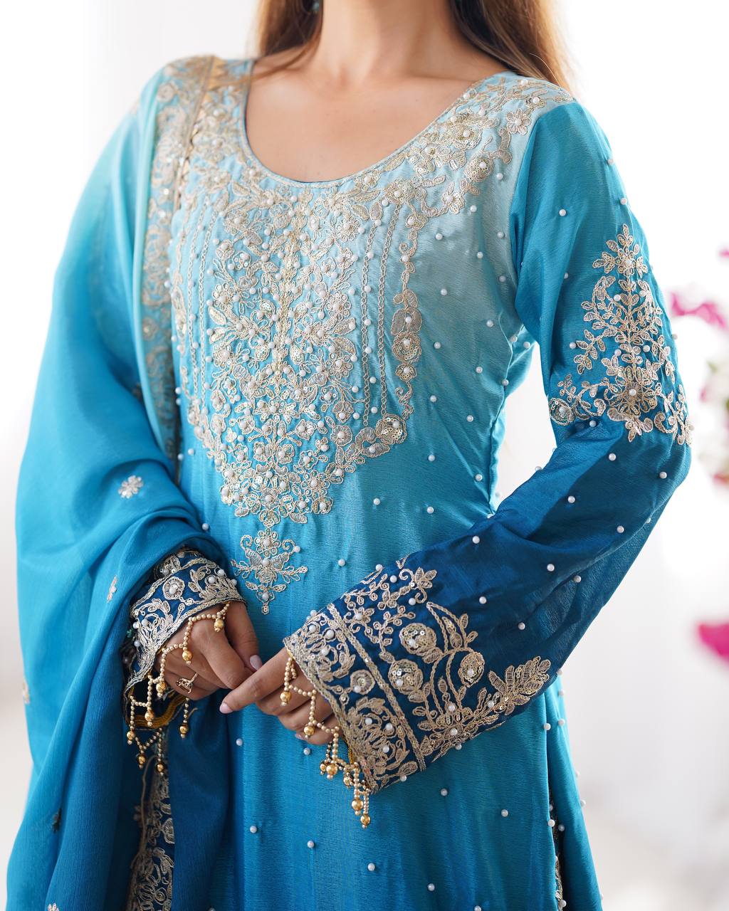 Sky Blue Color Chinon Silk And Coding Dori With Sequence With Rivet Moti Beautiful Sharara Suit
