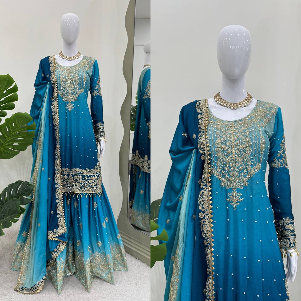 Sky Blue Color Chinon Silk And Coding Dori With Sequence With Rivet Moti Beautiful Sharara Suit