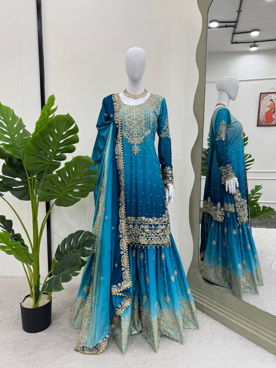 Sky Blue Color Chinon Silk And Coding Dori With Sequence With Rivet Moti Beautiful Sharara Suit