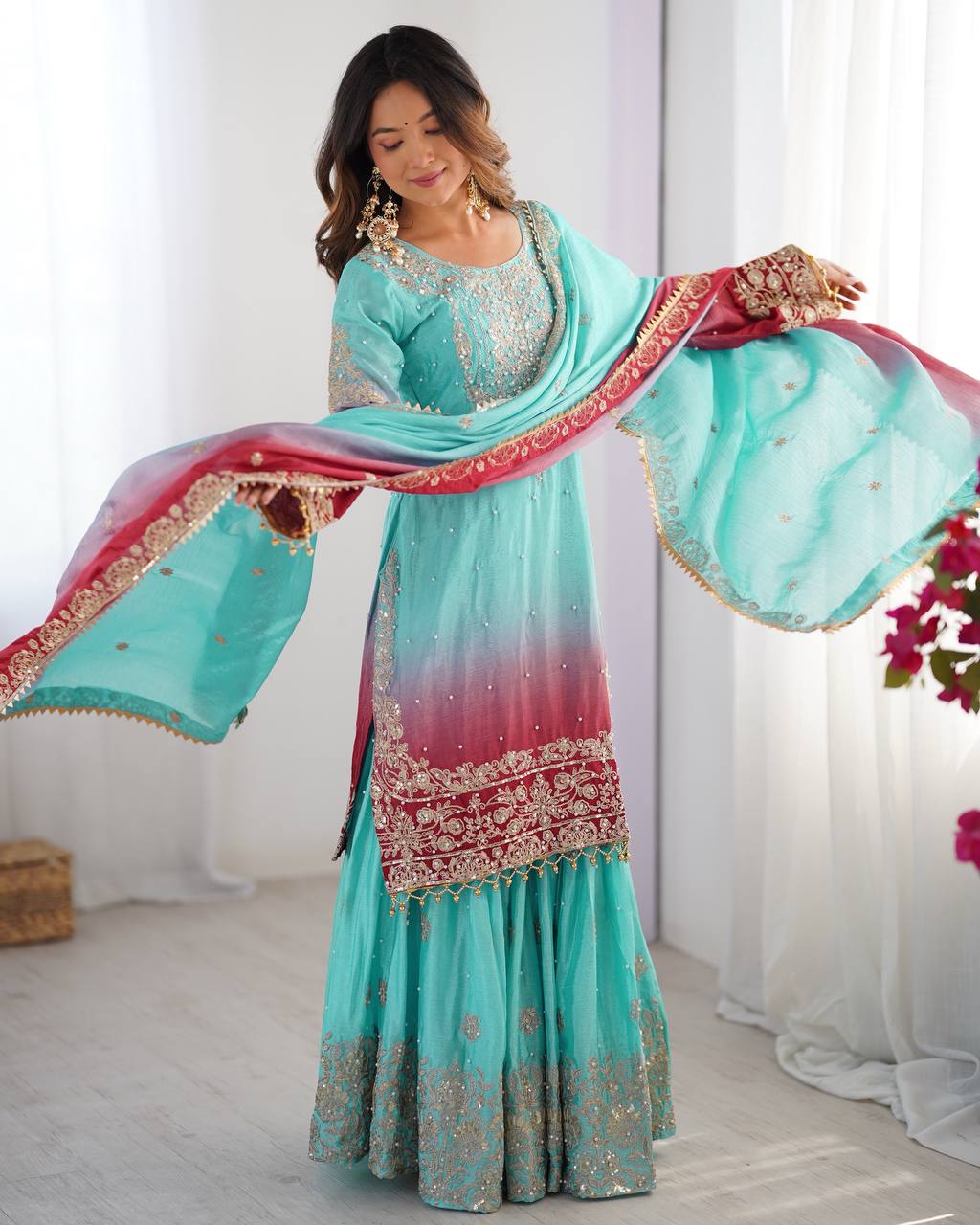 Light Green Color Chinon Silk And Coding Dori With Sequence With Rivet Moti Beautiful Sharara Suit