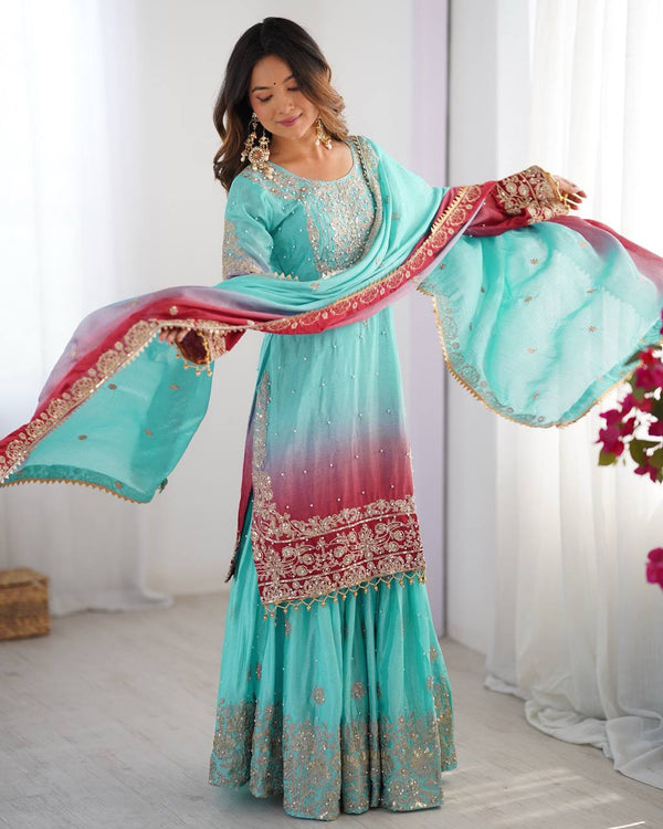 Light Green Color Chinon Silk And Coding Dori With Sequence With Rivet Moti Beautiful Sharara Suit