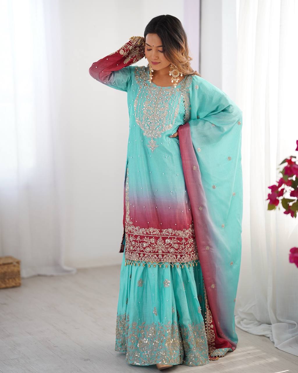 Light Green Color Chinon Silk And Coding Dori With Sequence With Rivet Moti Beautiful Sharara Suit
