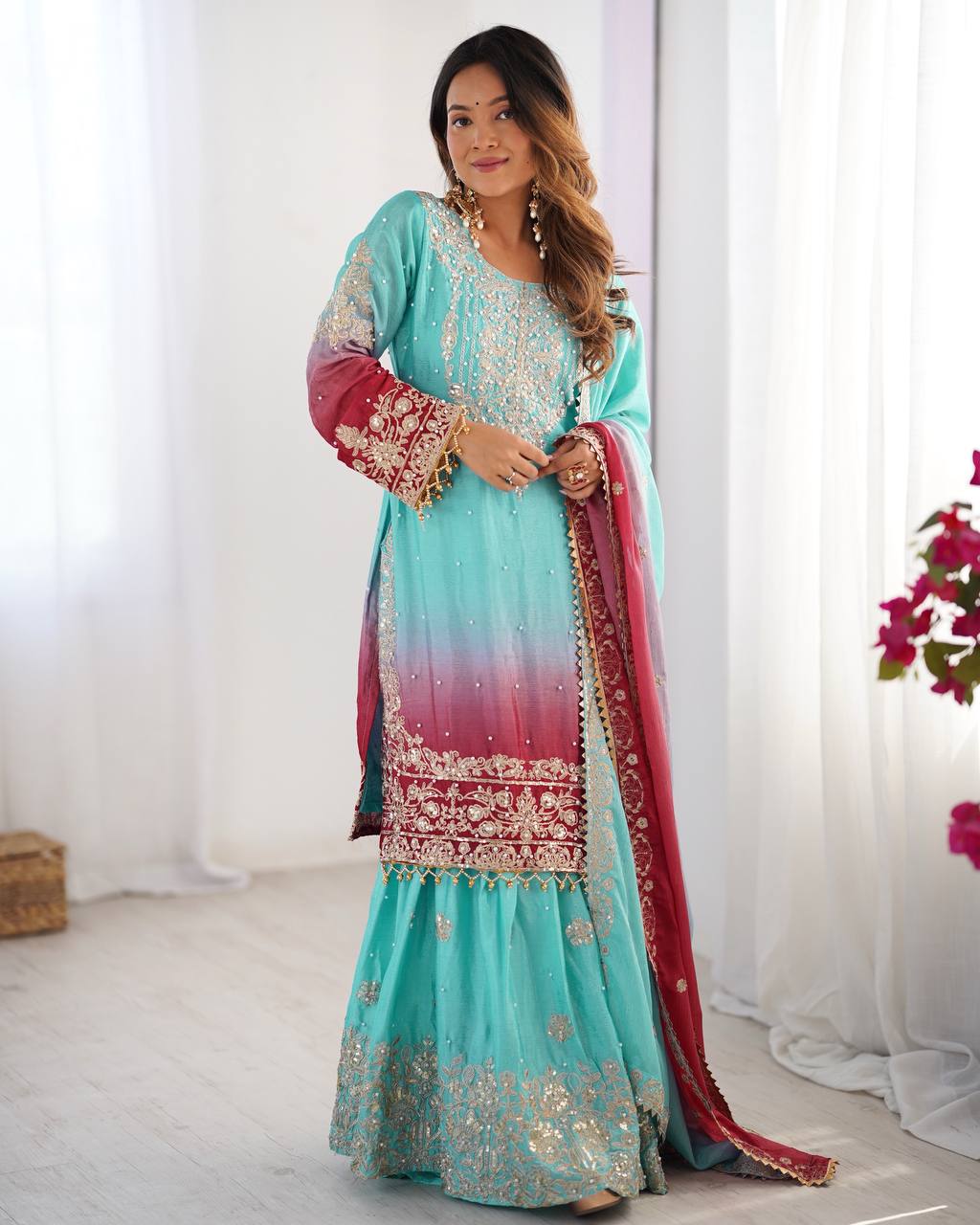 Light Green Color Chinon Silk And Coding Dori With Sequence With Rivet Moti Beautiful Sharara Suit