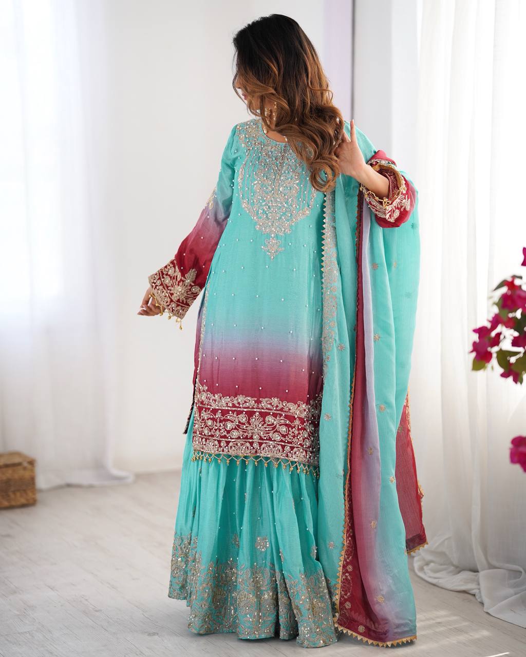 Light Green Color Chinon Silk And Coding Dori With Sequence With Rivet Moti Beautiful Sharara Suit