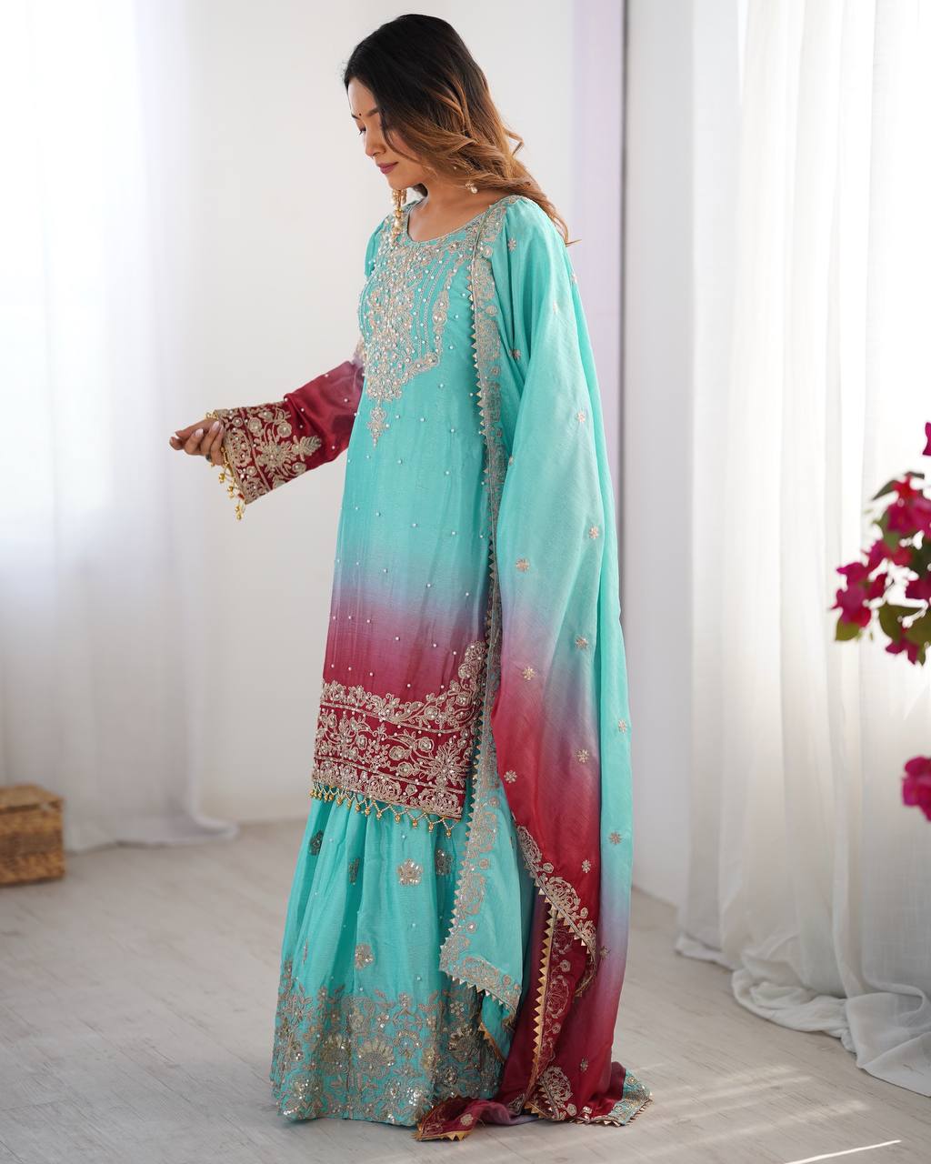 Light Green Color Chinon Silk And Coding Dori With Sequence With Rivet Moti Beautiful Sharara Suit