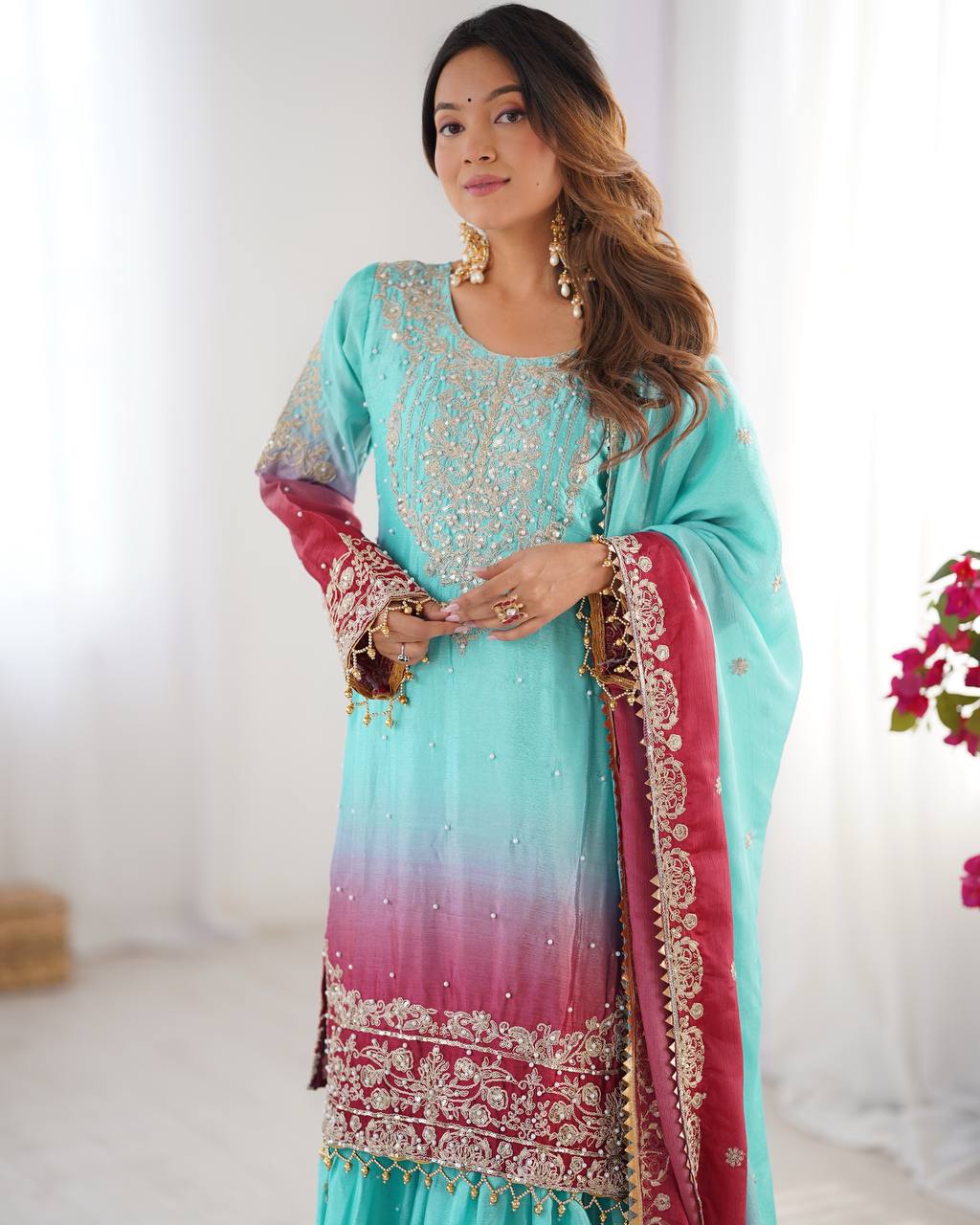 Light Green Color Chinon Silk And Coding Dori With Sequence With Rivet Moti Beautiful Sharara Suit