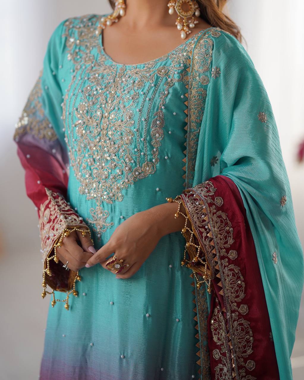 Light Green Color Chinon Silk And Coding Dori With Sequence With Rivet Moti Beautiful Sharara Suit
