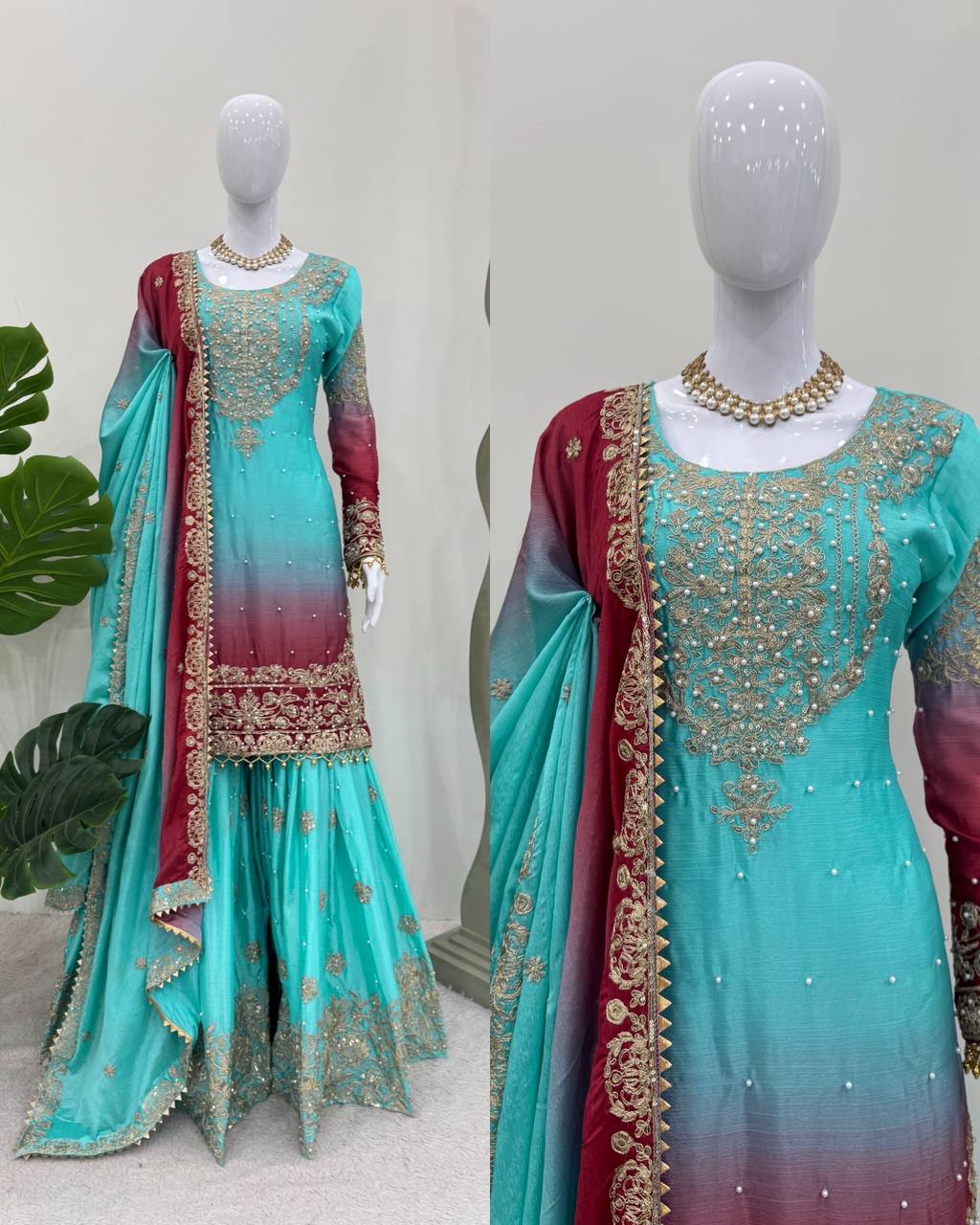 Light Green Color Chinon Silk And Coding Dori With Sequence With Rivet Moti Beautiful Sharara Suit