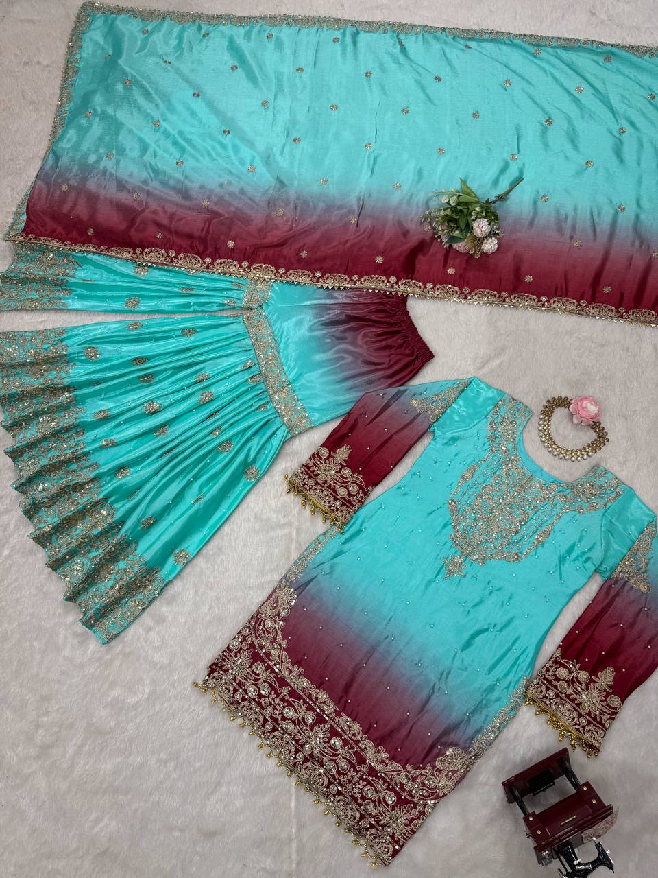 Light Green Color Chinon Silk And Coding Dori With Sequence With Rivet Moti Beautiful Sharara Suit