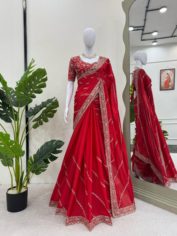 Exclusive Red Color Chinon Silk With Thread And Sequence Work Designer Saree