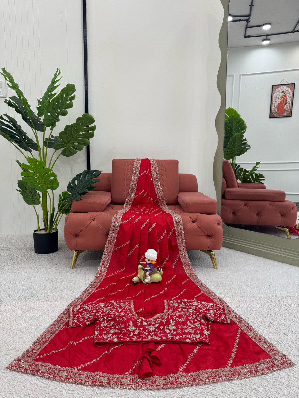 Exclusive Red Color Chinon Silk With Thread And Sequence Work Designer Saree