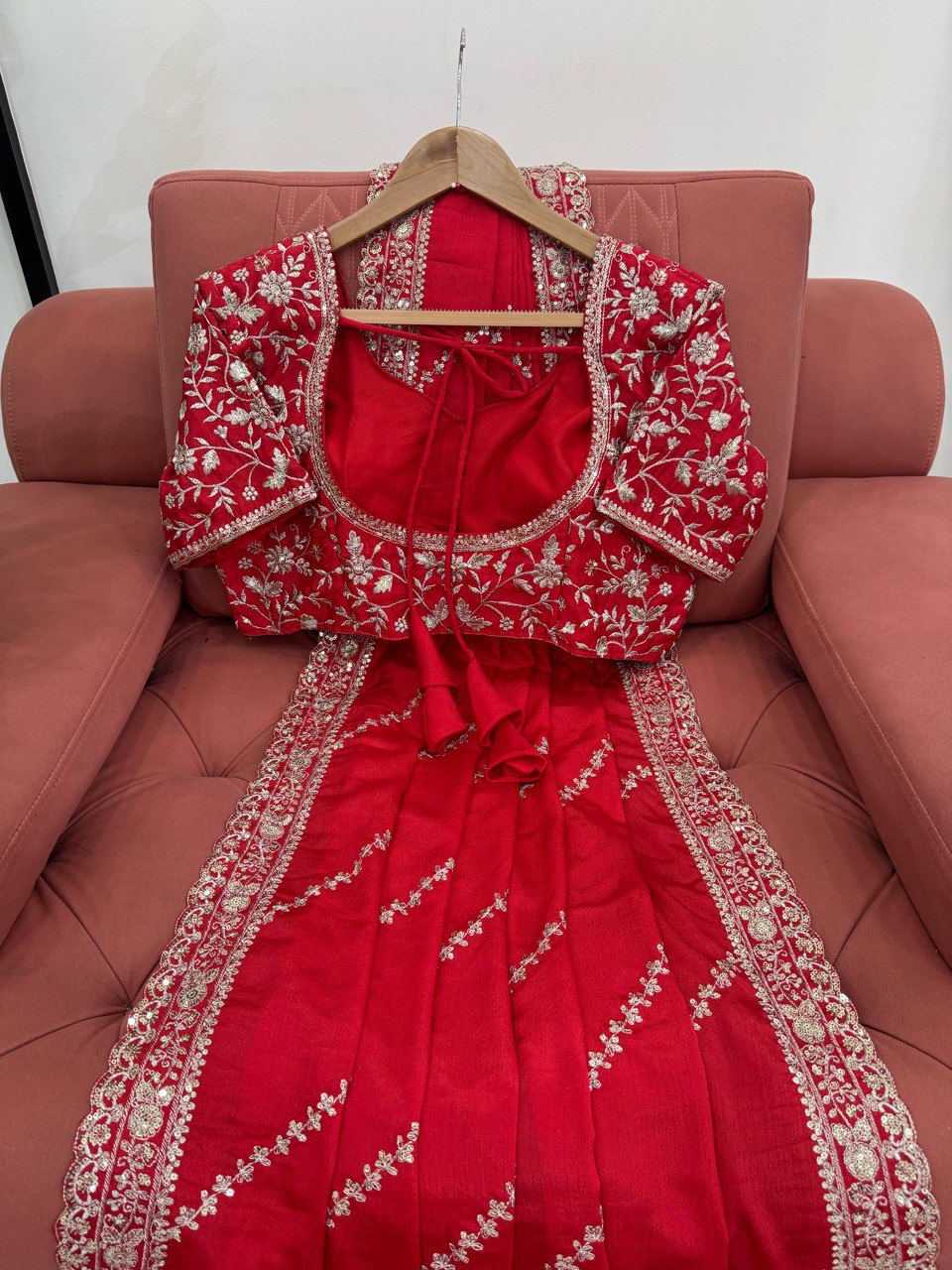 Exclusive Red Color Chinon Silk With Thread And Sequence Work Designer Saree