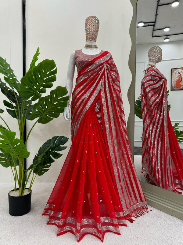 Occasion Wear Red Color Faux Georgette Thread And Sequence Work Saree