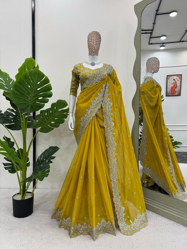 Wedding Wear Yellow Color Heavy Tabby Silk With Thread And Sequence Work Saree
