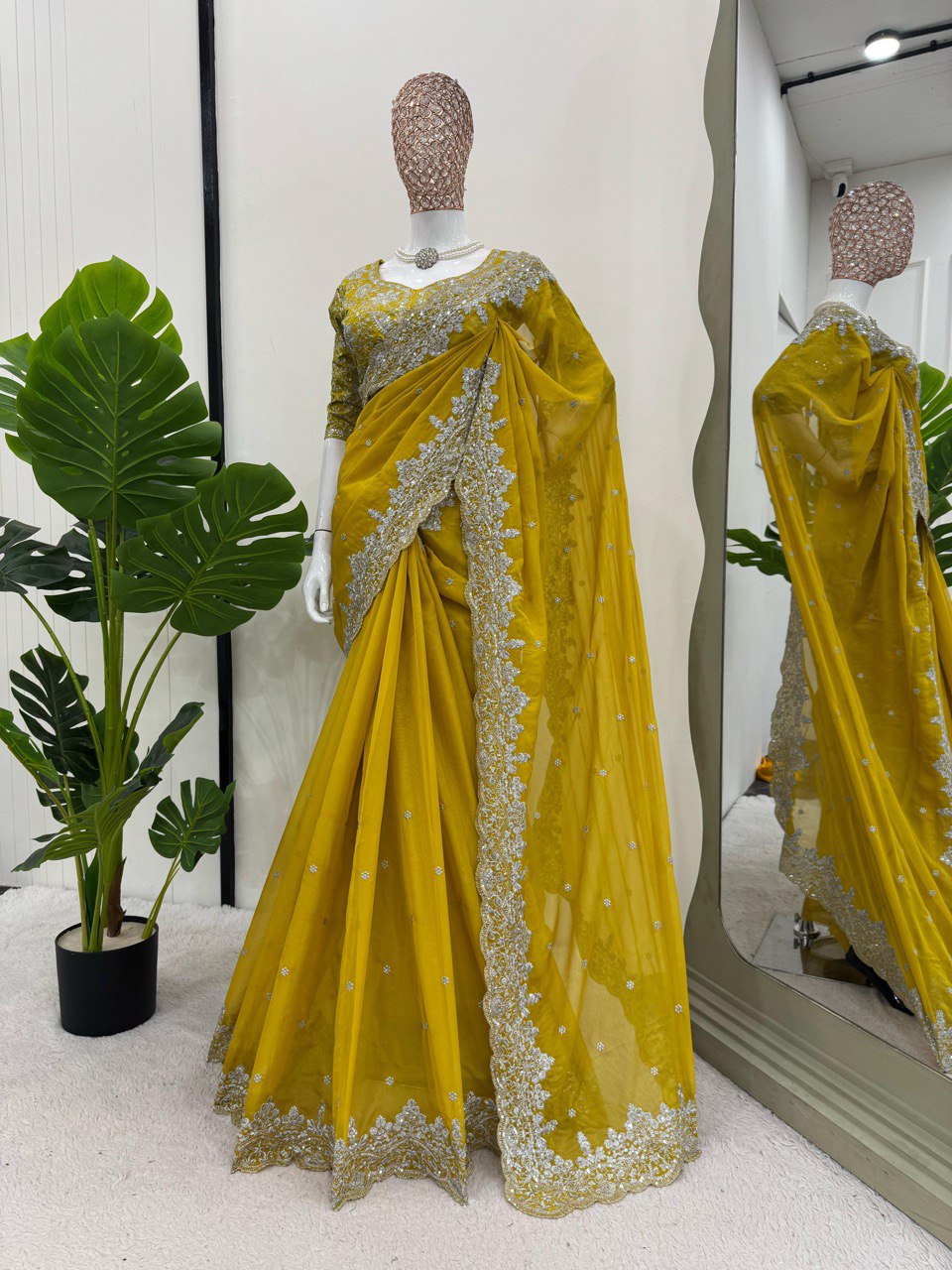 Wedding Wear Yellow Color Heavy Tabby Silk With Thread And Sequence Work Saree