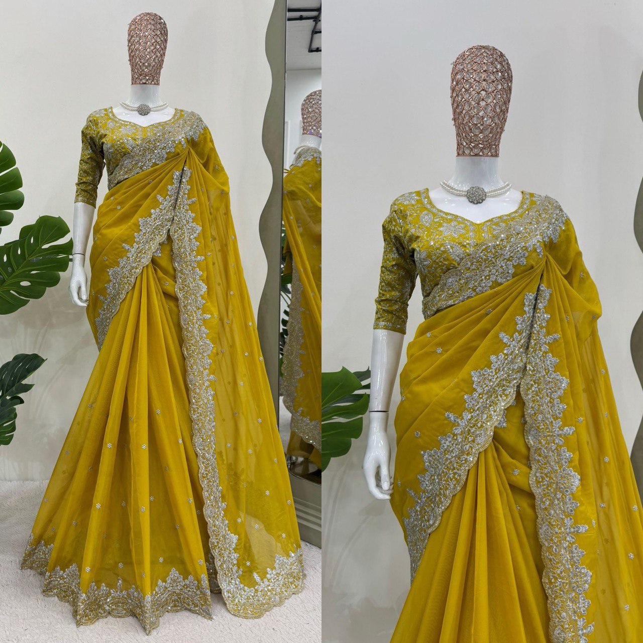 Wedding Wear Yellow Color Heavy Tabby Silk With Thread And Sequence Work Saree