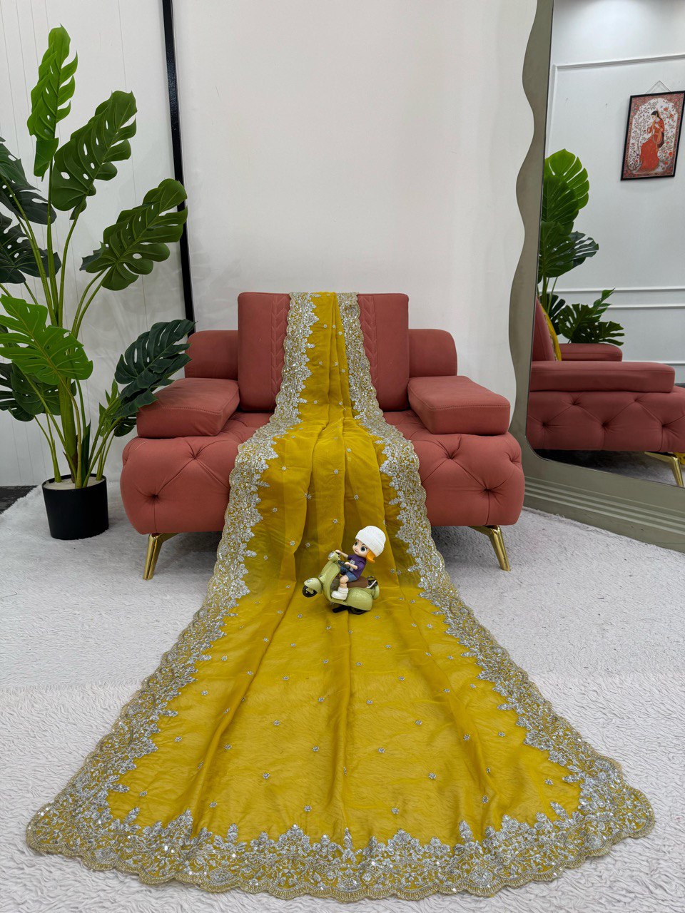 Wedding Wear Yellow Color Heavy Tabby Silk With Thread And Sequence Work Saree