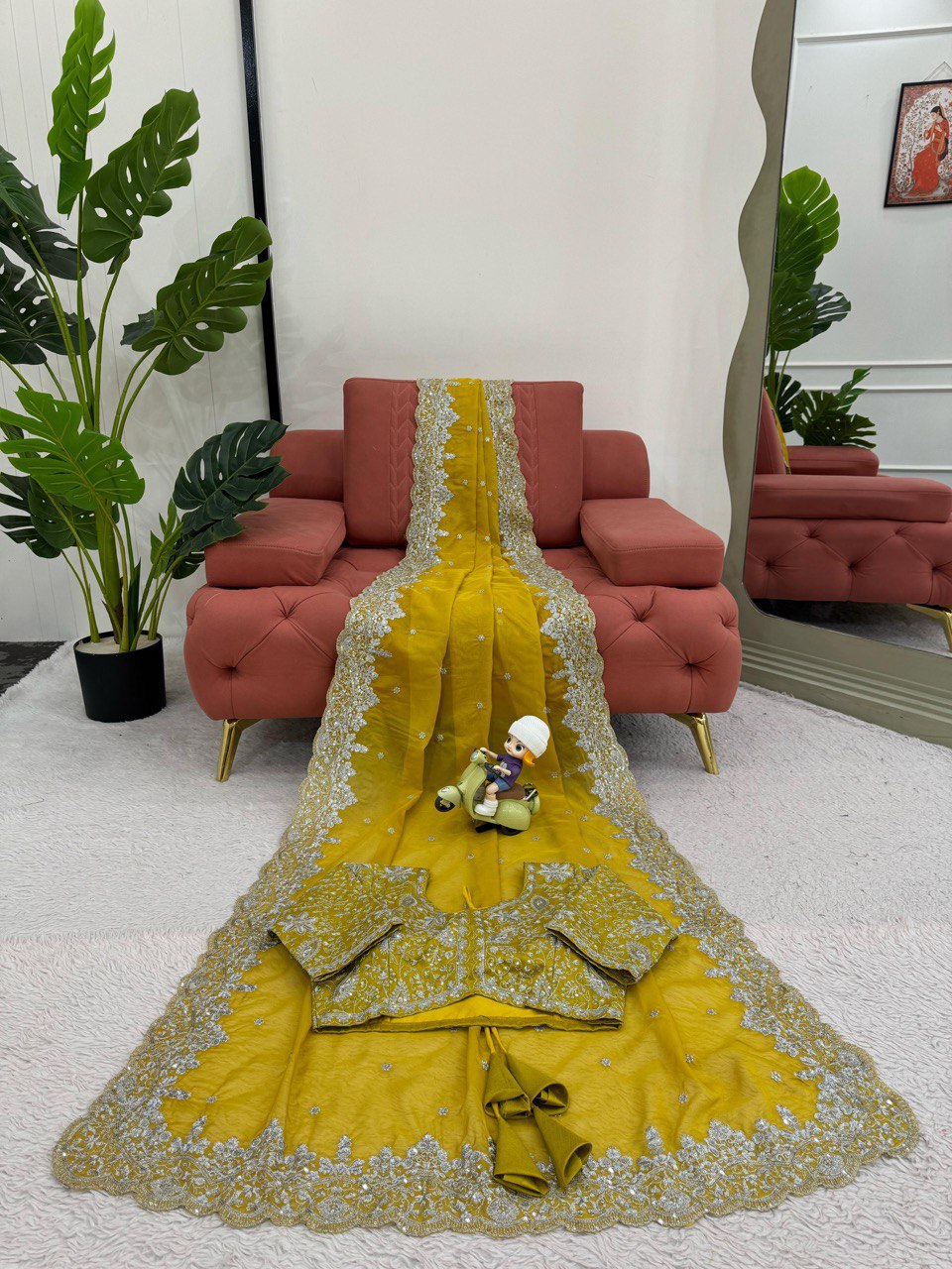 Wedding Wear Yellow Color Heavy Tabby Silk With Thread And Sequence Work Saree