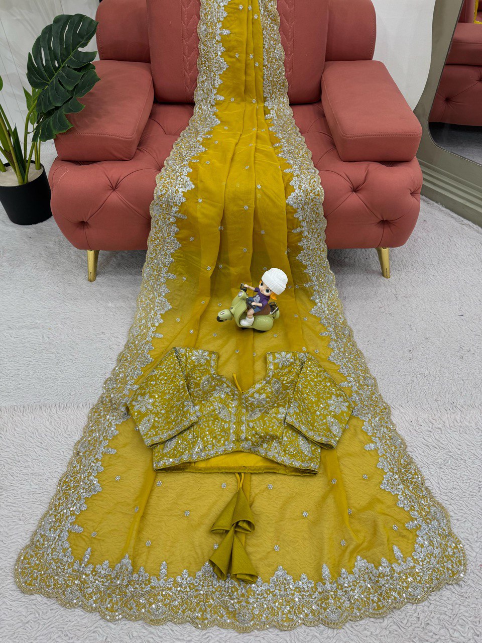 Wedding Wear Yellow Color Heavy Tabby Silk With Thread And Sequence Work Saree