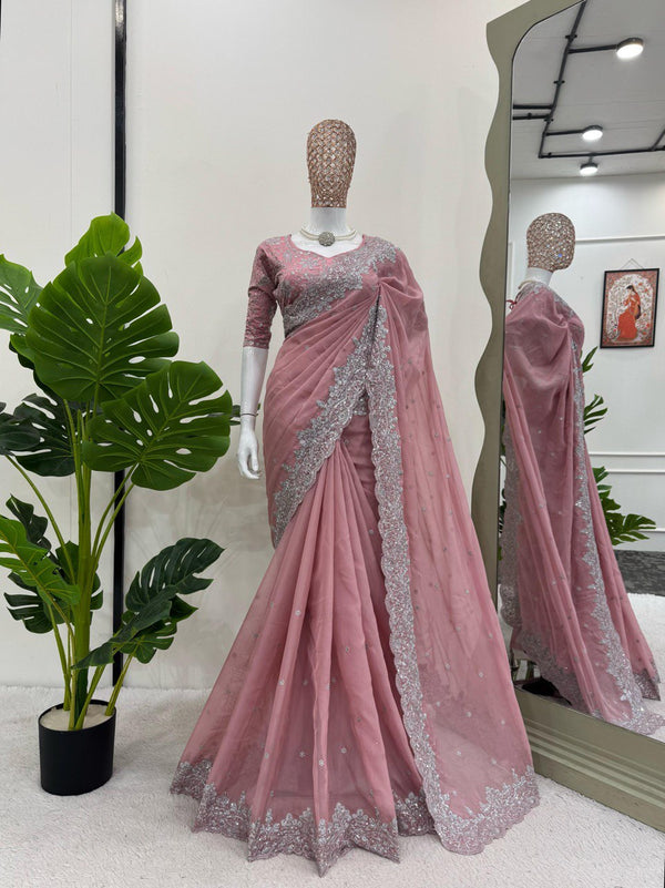 Wedding Wear Peach Color Heavy Tabby Silk With Thread And Sequence Work Saree