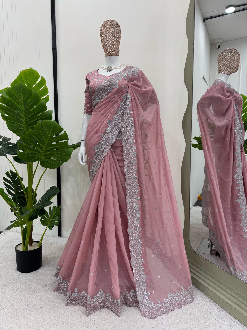 Wedding Wear Peach Color Heavy Tabby Silk With Thread And Sequence Work Saree