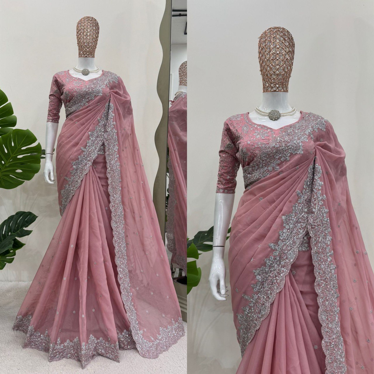 Wedding Wear Peach Color Heavy Tabby Silk With Thread And Sequence Work Saree