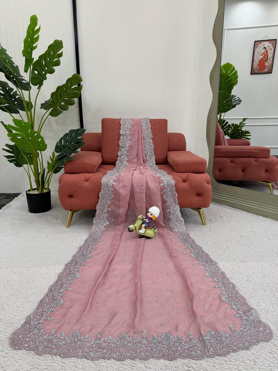 Wedding Wear Peach Color Heavy Tabby Silk With Thread And Sequence Work Saree