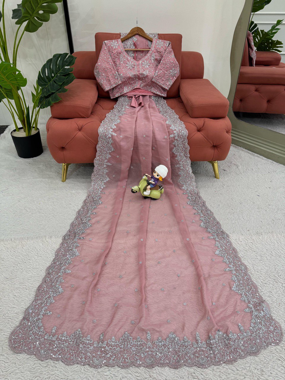 Wedding Wear Peach Color Heavy Tabby Silk With Thread And Sequence Work Saree