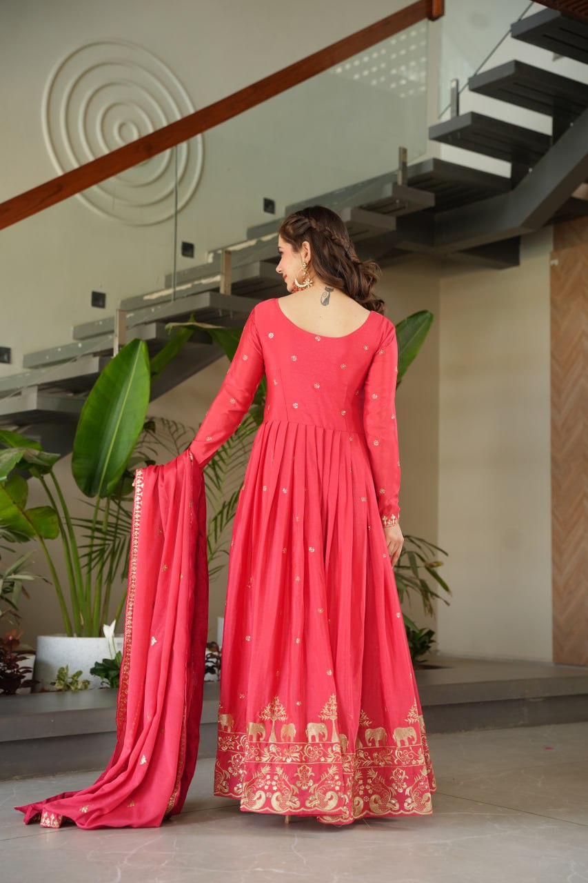 Party Wear Light Pink Color Chinon With Embroidery Zari Sequins Work Designer Gown