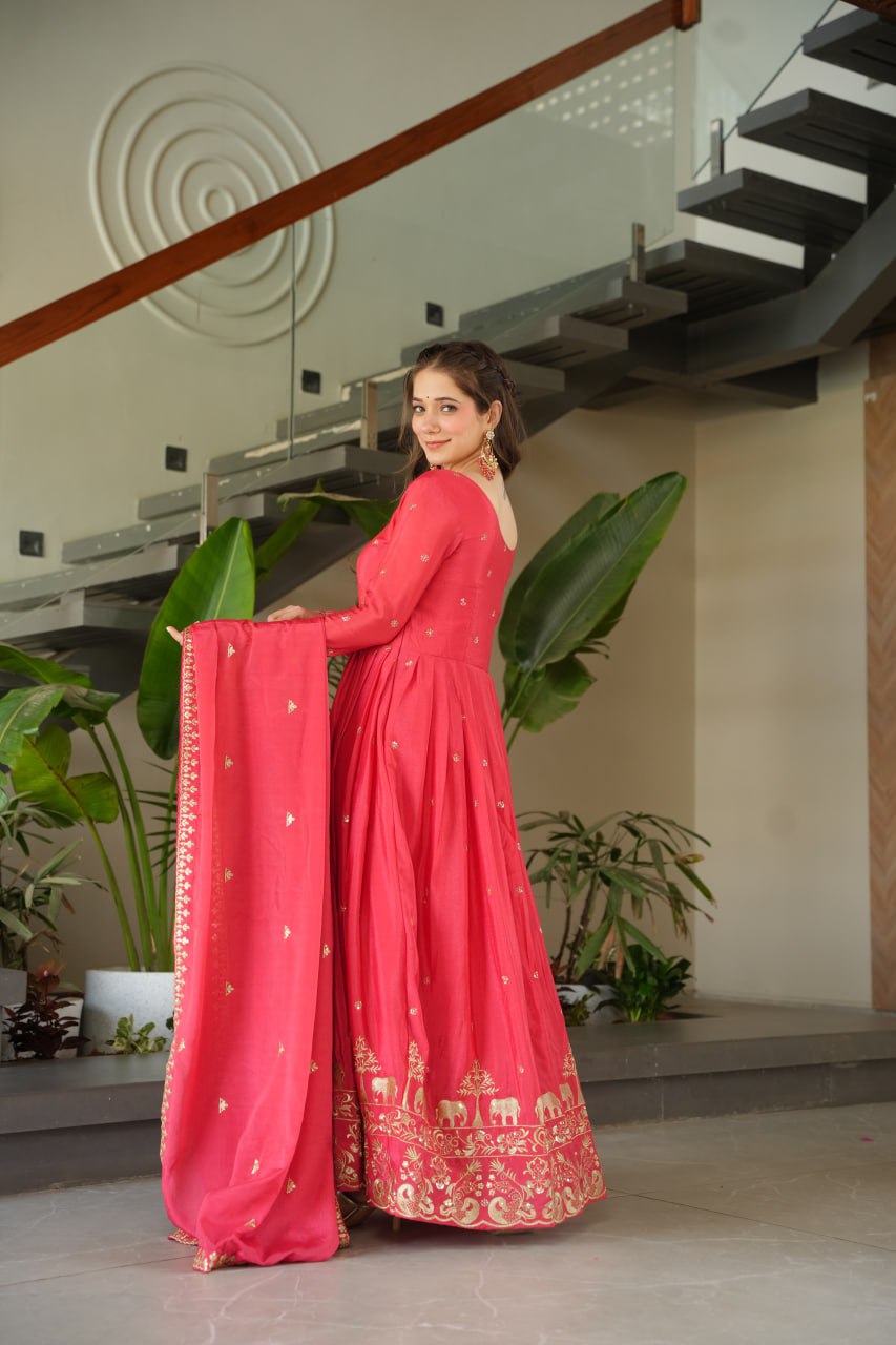 Party Wear Light Pink Color Chinon With Embroidery Zari Sequins Work Designer Gown