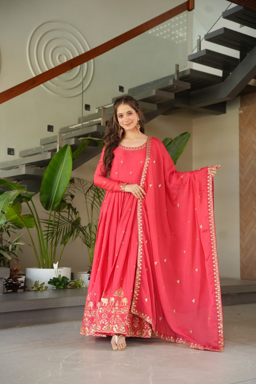 Party Wear Light Pink Color Chinon With Embroidery Zari Sequins Work Designer Gown