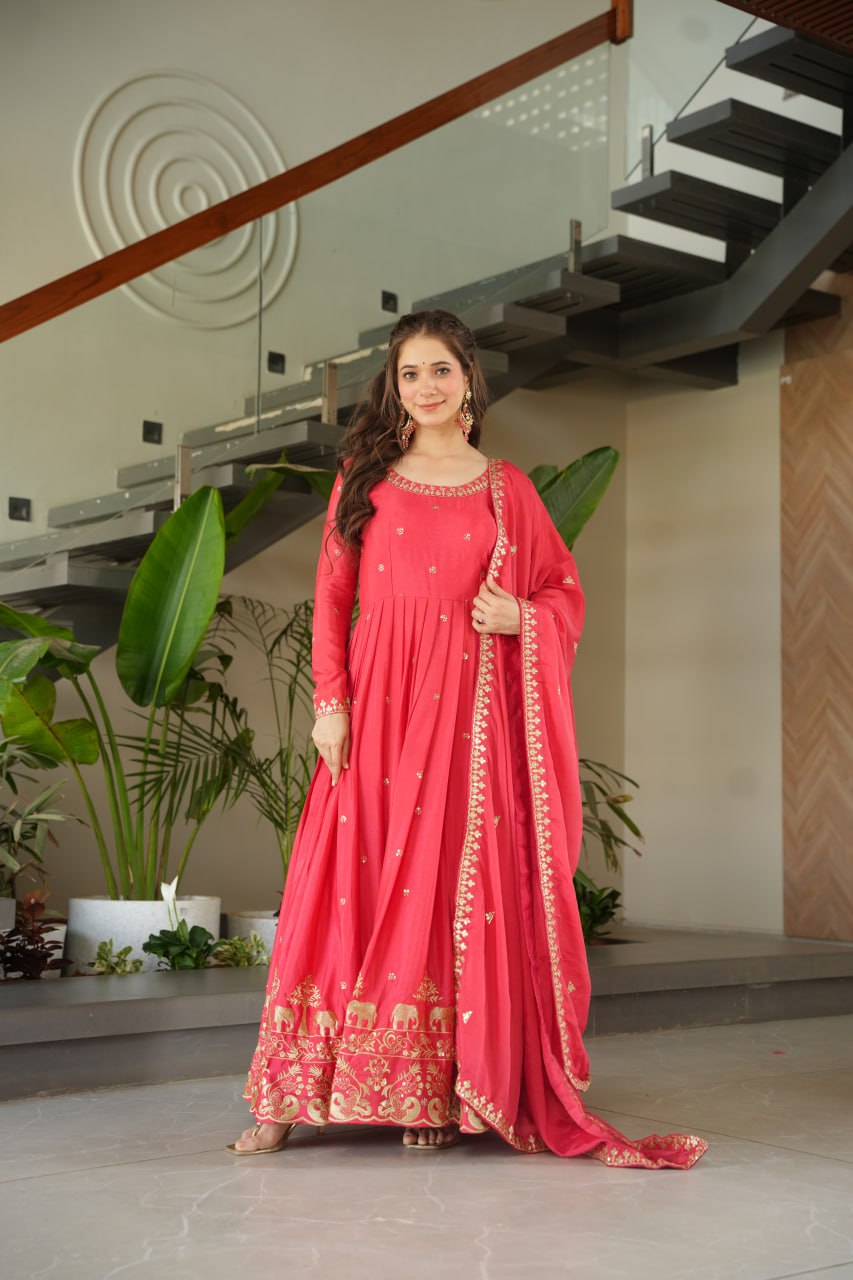 Party Wear Light Pink Color Chinon With Embroidery Zari Sequins Work Designer Gown