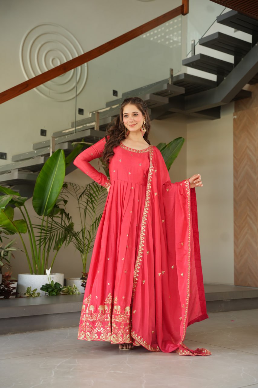 Party Wear Light Pink Color Chinon With Embroidery Zari Sequins Work Designer Gown