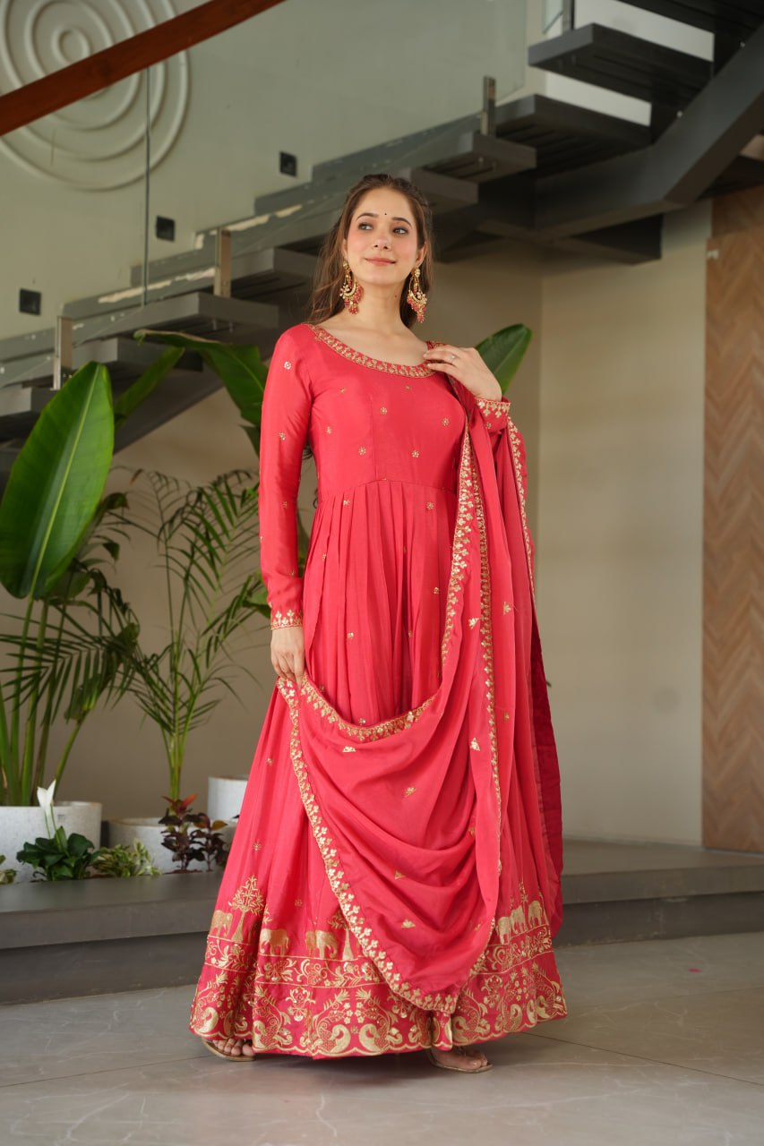 Party Wear Light Pink Color Chinon With Embroidery Zari Sequins Work Designer Gown