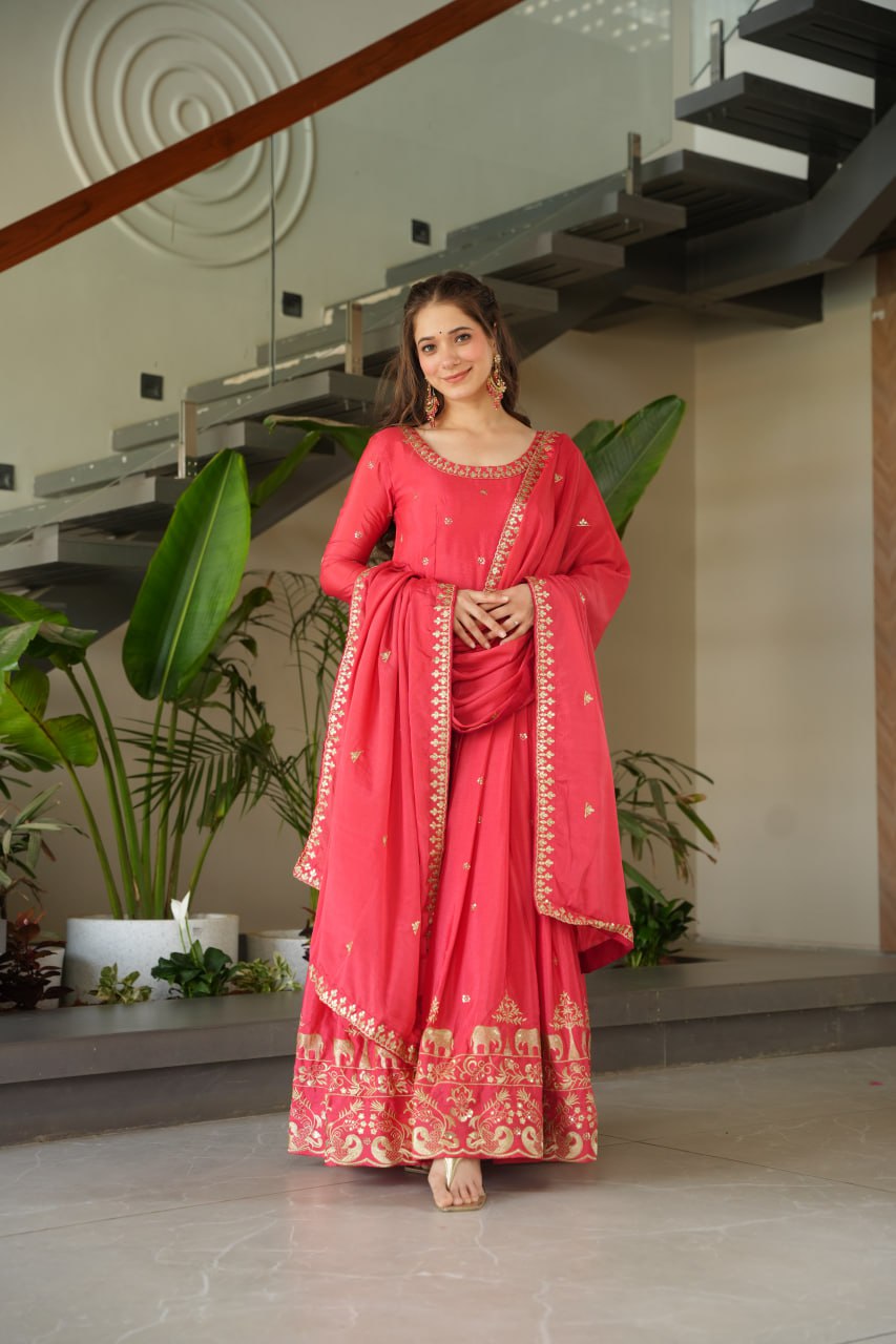 Party Wear Light Pink Color Chinon With Embroidery Zari Sequins Work Designer Gown