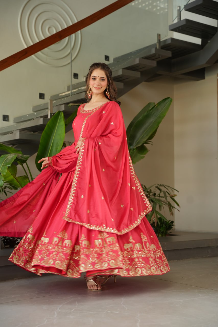 Party Wear Light Pink Color Chinon With Embroidery Zari Sequins Work Designer Gown