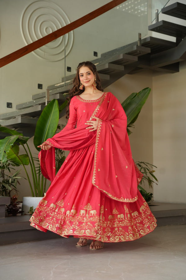 Party Wear Light Pink Color Chinon With Embroidery Zari Sequins Work Designer Gown
