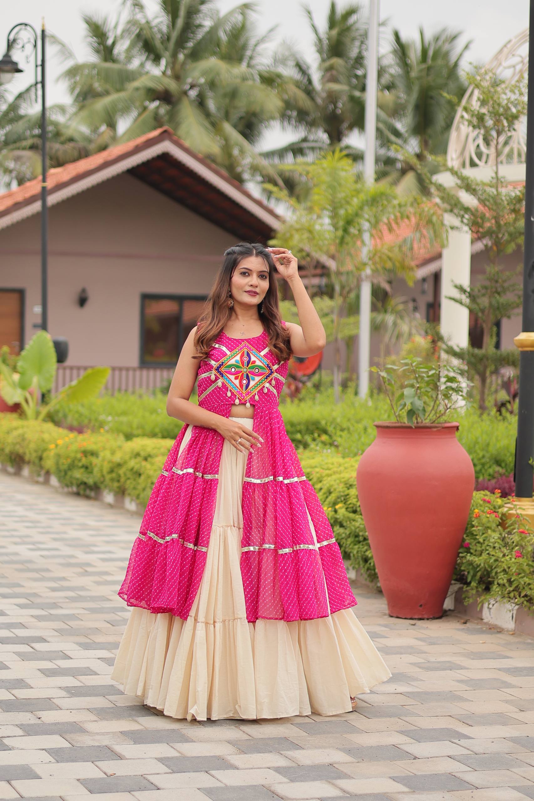 Navratri Wear Pink Color Gamathi Work Lehenga Choli With Shrug