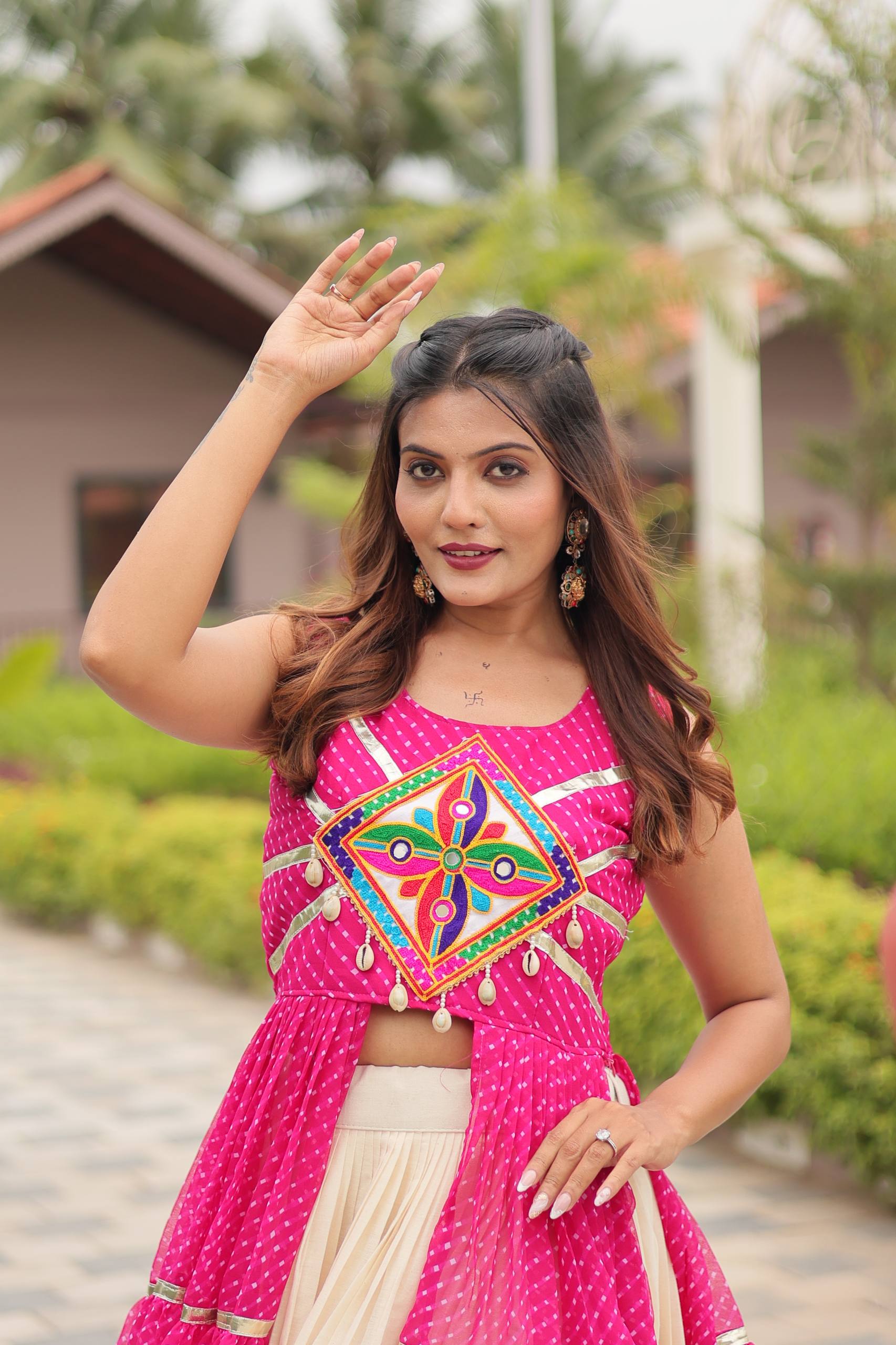 Navratri Wear Pink Color Gamathi Work Lehenga Choli With Shrug