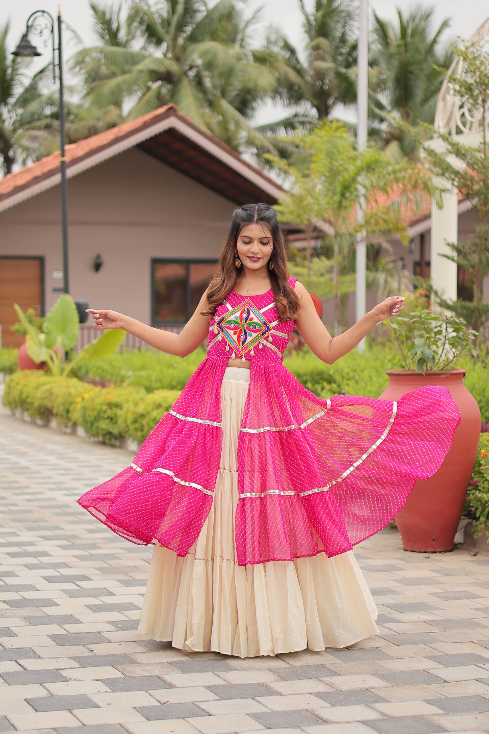 Navratri Wear Pink Color Gamathi Work Lehenga Choli With Shrug