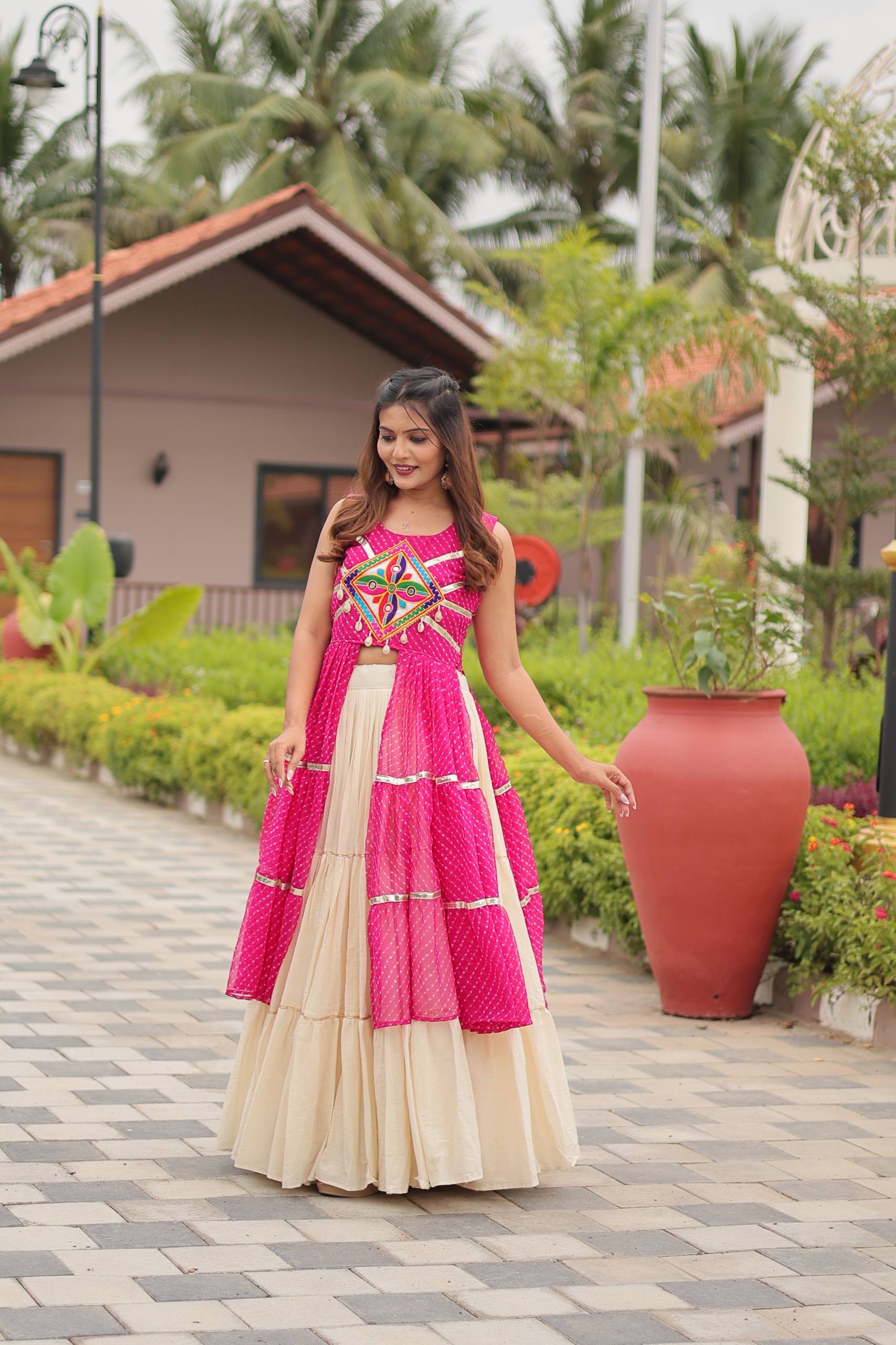 Navratri Wear Pink Color Gamathi Work Lehenga Choli With Shrug
