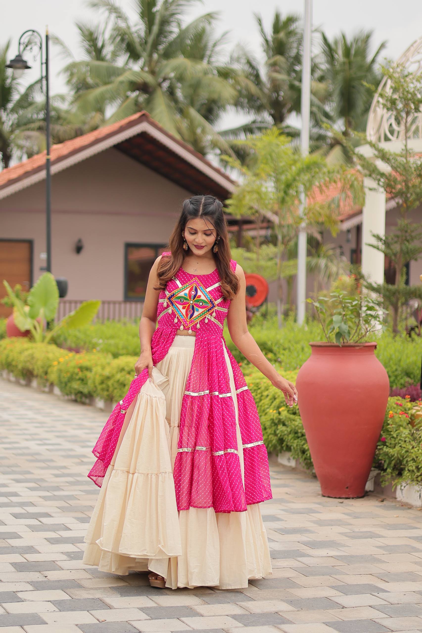 Navratri Wear Pink Color Gamathi Work Lehenga Choli With Shrug