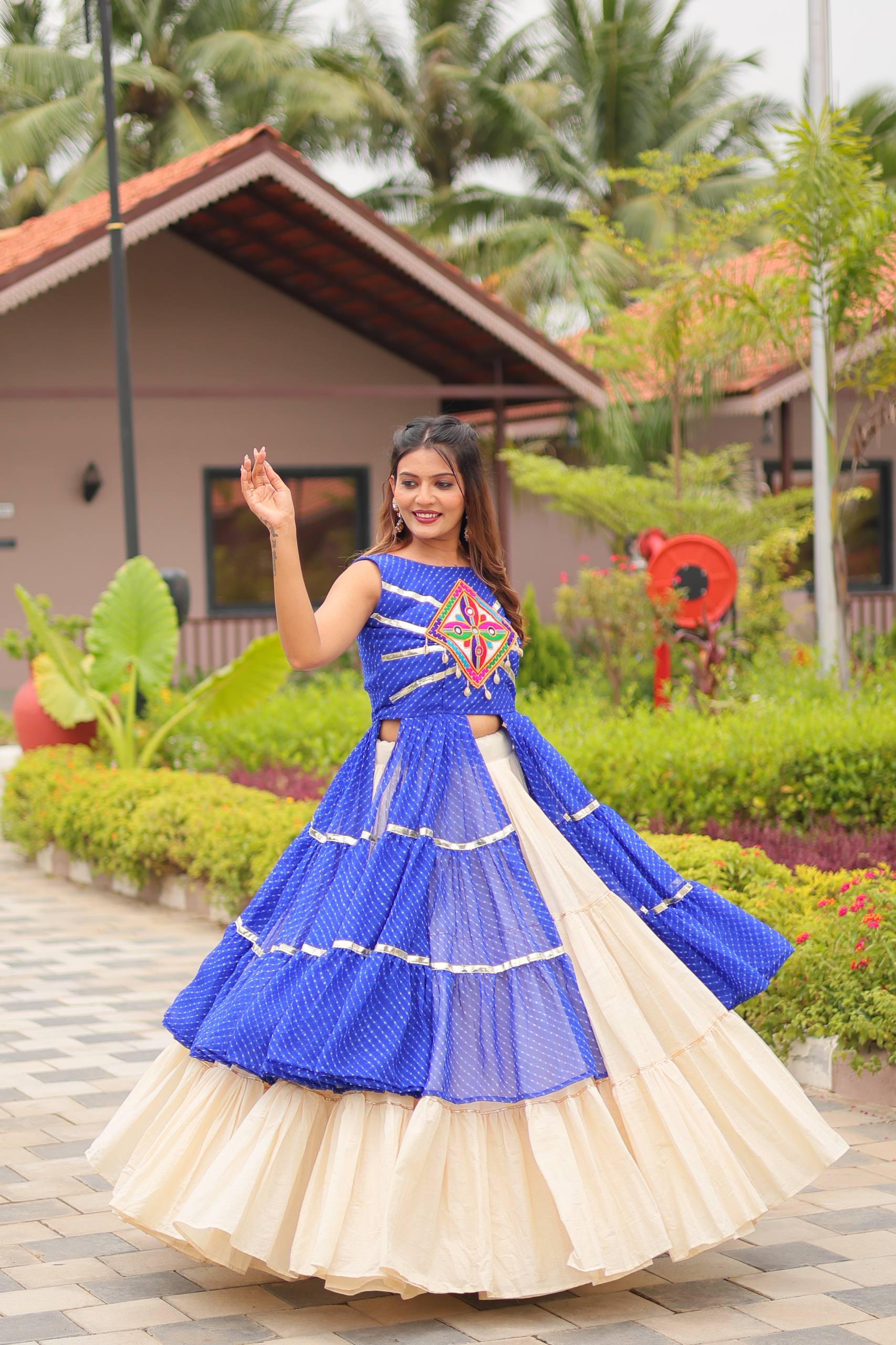 Navratri Wear Blue Color Gamathi Work Lehenga Choli With Shrug