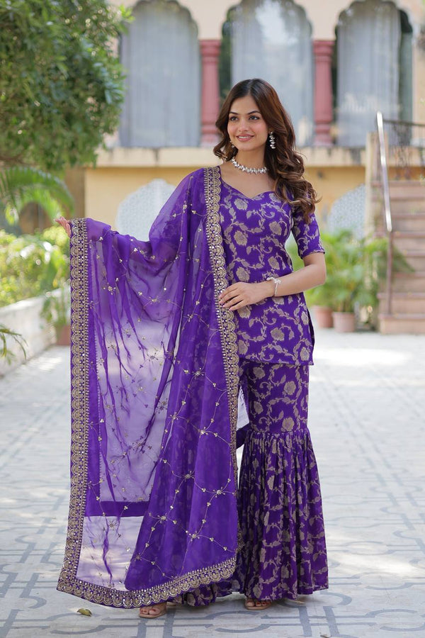 Wedding Wear Purple Color Viscose Georgette Jacquard Designer Sharara Suit