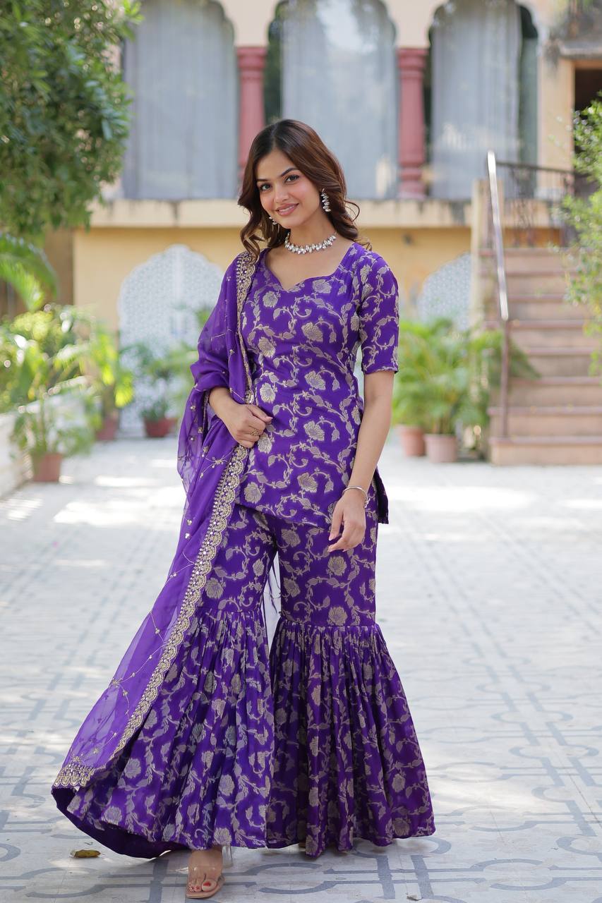 Wedding Wear Purple Color Viscose Georgette Jacquard Designer Sharara Suit
